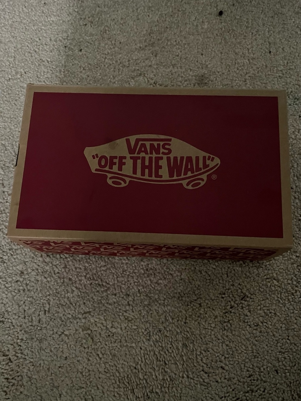 Vans cardboard shoe box in deep red and tan
